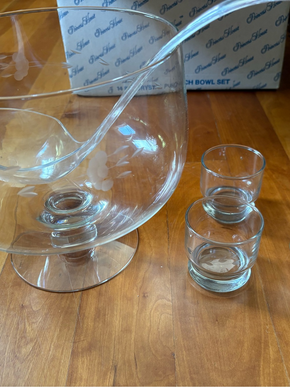 Princess House Clear Etched Crystal Punch Bowl with Matching Cups - 14 pieces